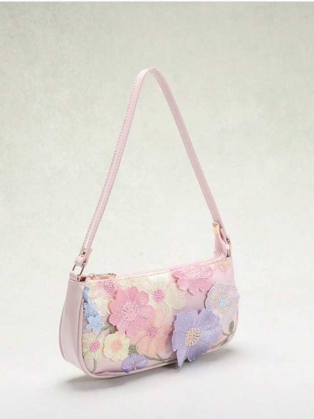 Pink Floral Appliqué Shoulder Bag